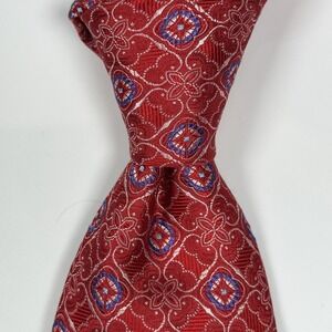 Canali Tie Mens 100% Silk Red Geometric Medallion XL Long Necktie Made In Italy